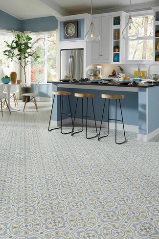 Sheet Flooring in Dusty Blue Medallion Retro Kitchen Style