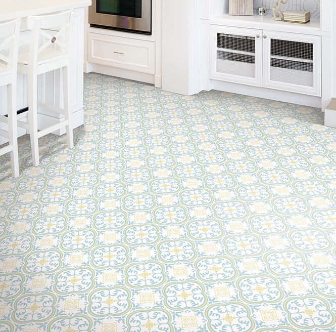 Sheet Flooring with Blue Quatrefoil Medallion Kitchen Motif