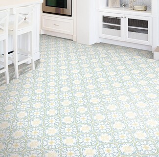 Sheet Flooring with Blue Quatrefoil Medallion Kitchen Motif