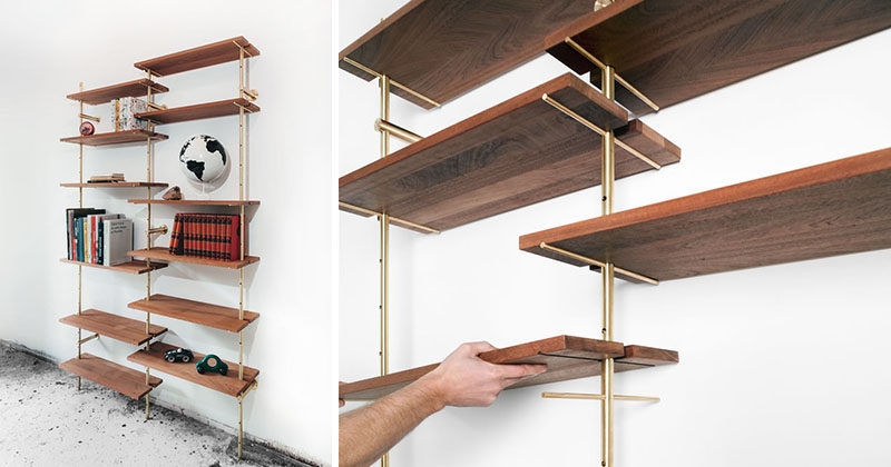 Shelving Unit with Brass Rails and Adjustable Staggered Layout
