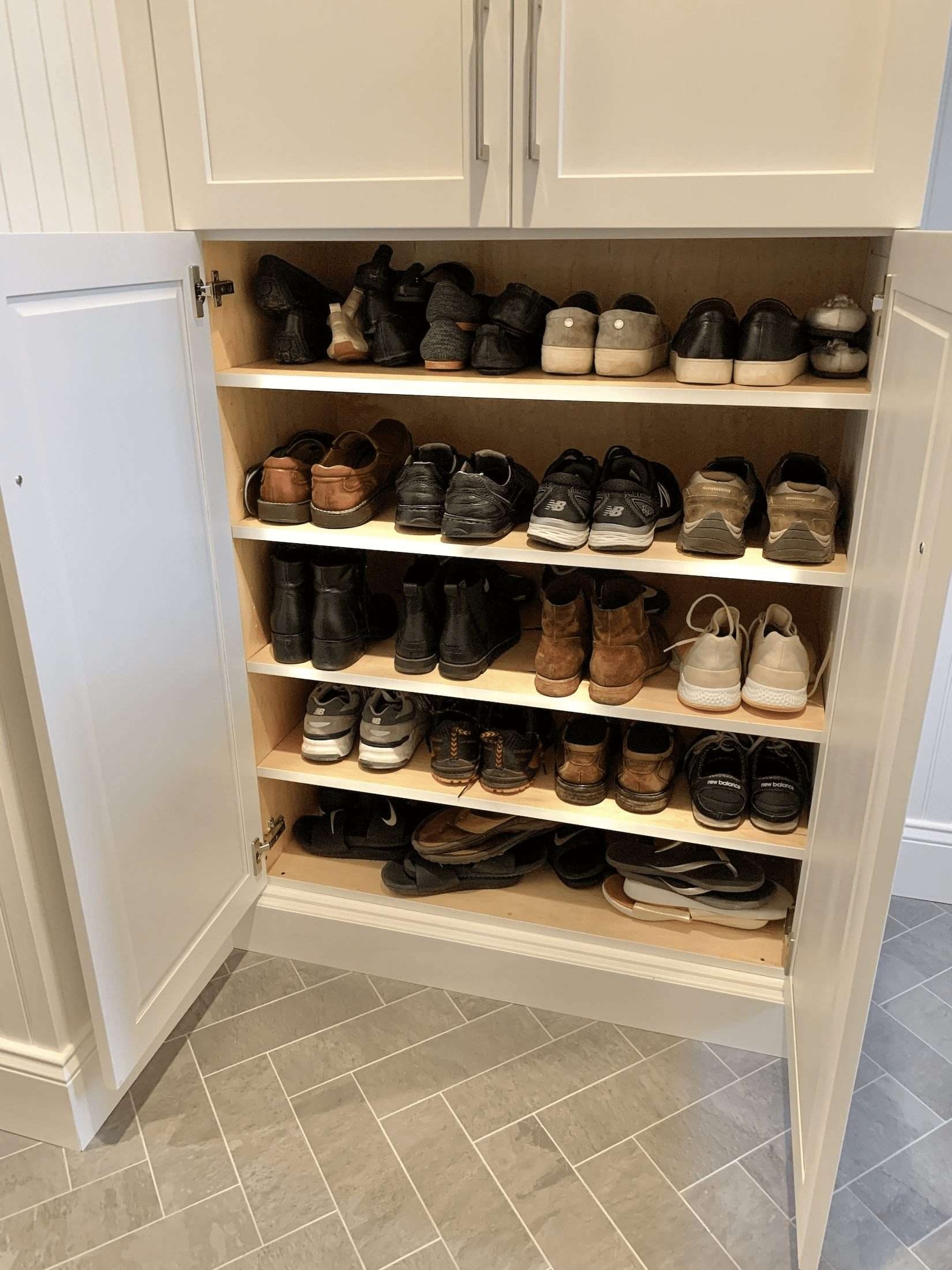 Shoe Cabinet: Wood Toned Interior Built-In Shoe Storage