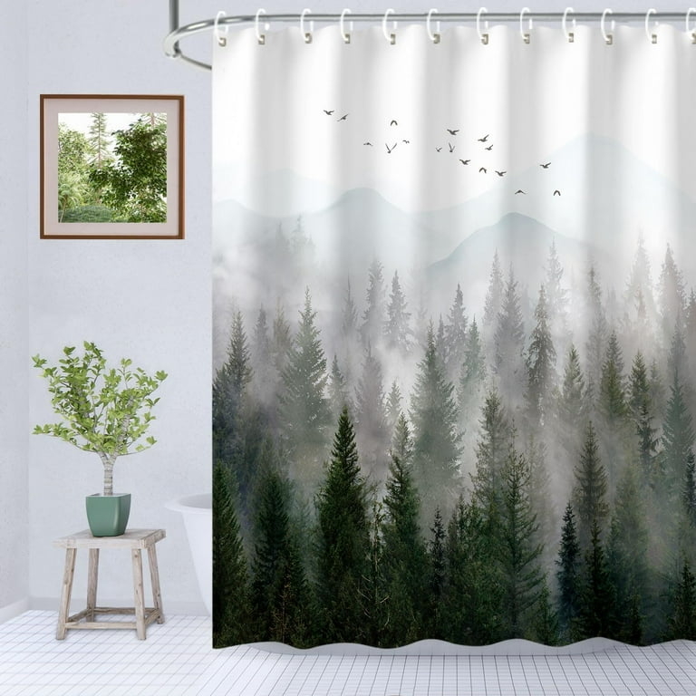 Shower Curtain: Biophilic Design Foggy Tree Imagery Misty Forest