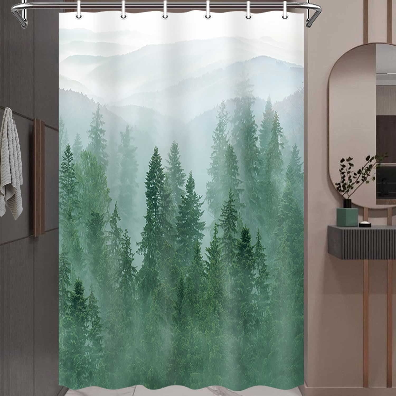 Shower Curtain: Fabric Drapery Misty Pine Forest Scenery Decor