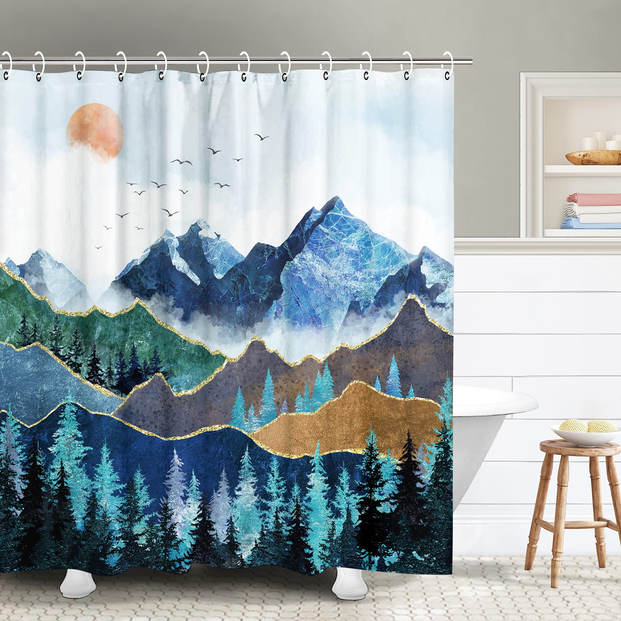 Shower Curtain: Gold Vein Accents Japanese Inspired Nature Print