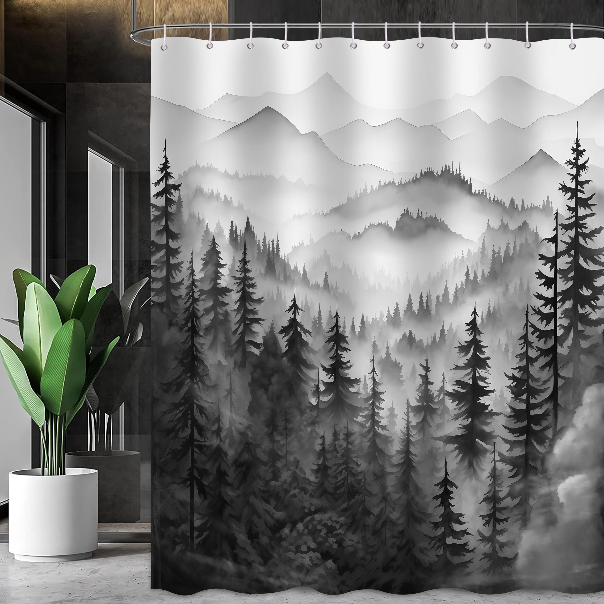 Shower Curtain: Grayscale Atmospheric Mist Design Forest Bath