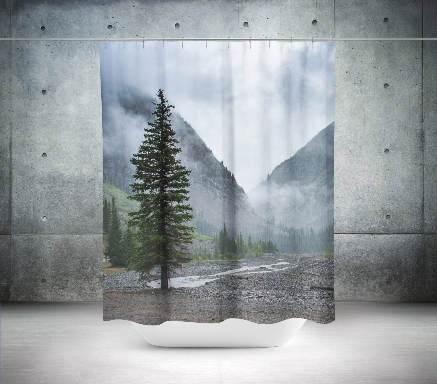 Shower Curtain: Lone Pine Tree Misty Mountain Vista Lodge Decor