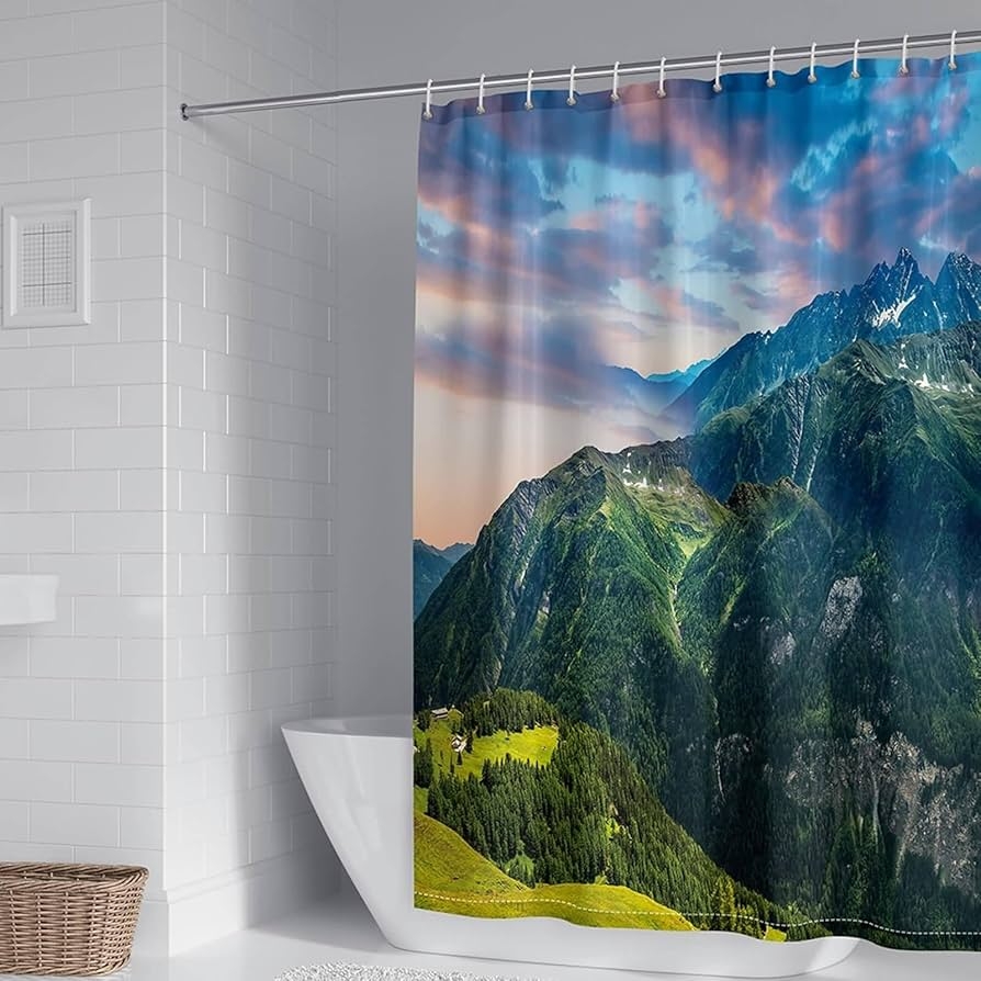 Shower Curtain: Metal Grommets Sunset Pink Mountain Scenery
