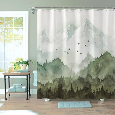 Shower Curtain: Misty Gray Watercolor Pine Tree Print Forest Art