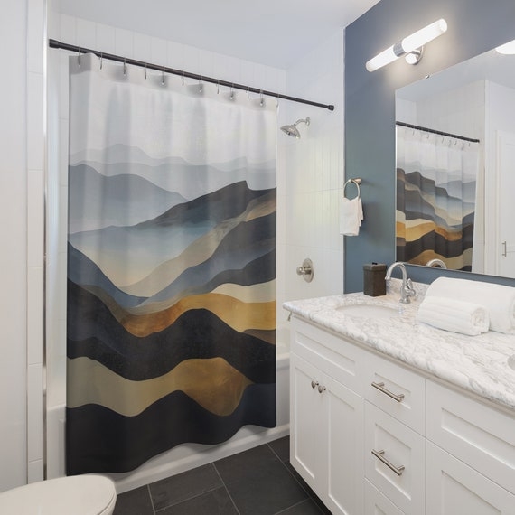 Shower Curtain: Mustard Yellow Wavy Lines Abstract Landscape Art