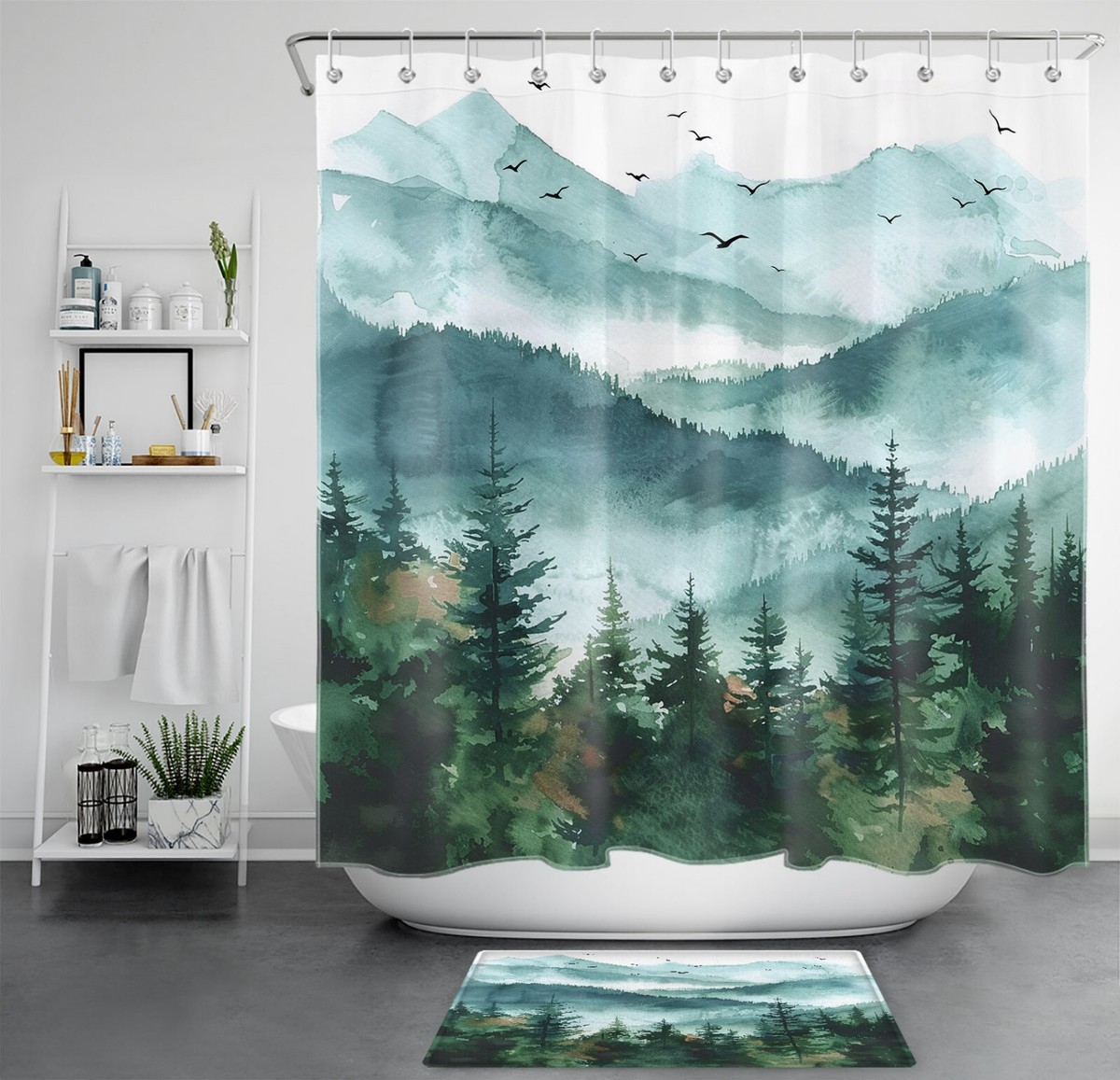 Shower Curtain Set: Misty Teal Watercolor Landscape Bathroom Art