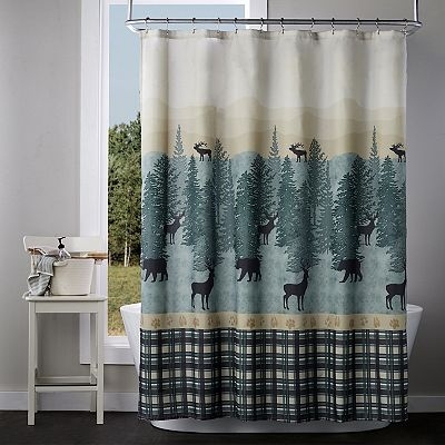 Shower Curtain: Stag and Bear Motifs Tartan Base Rustic Lodge