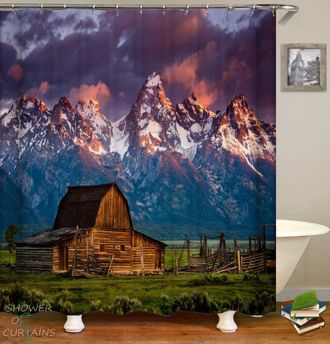 Shower Curtain: Sunset Purple Mountain Barn Print Rustic View