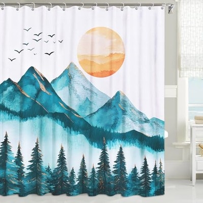 Shower Curtain: Teal Forest Sunset Orange Watercolor Landscape