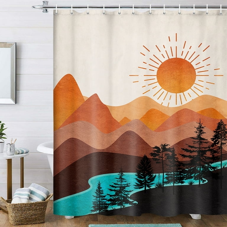 Shower Curtain: Teal River Accent and Layered Mountain Boho Decor