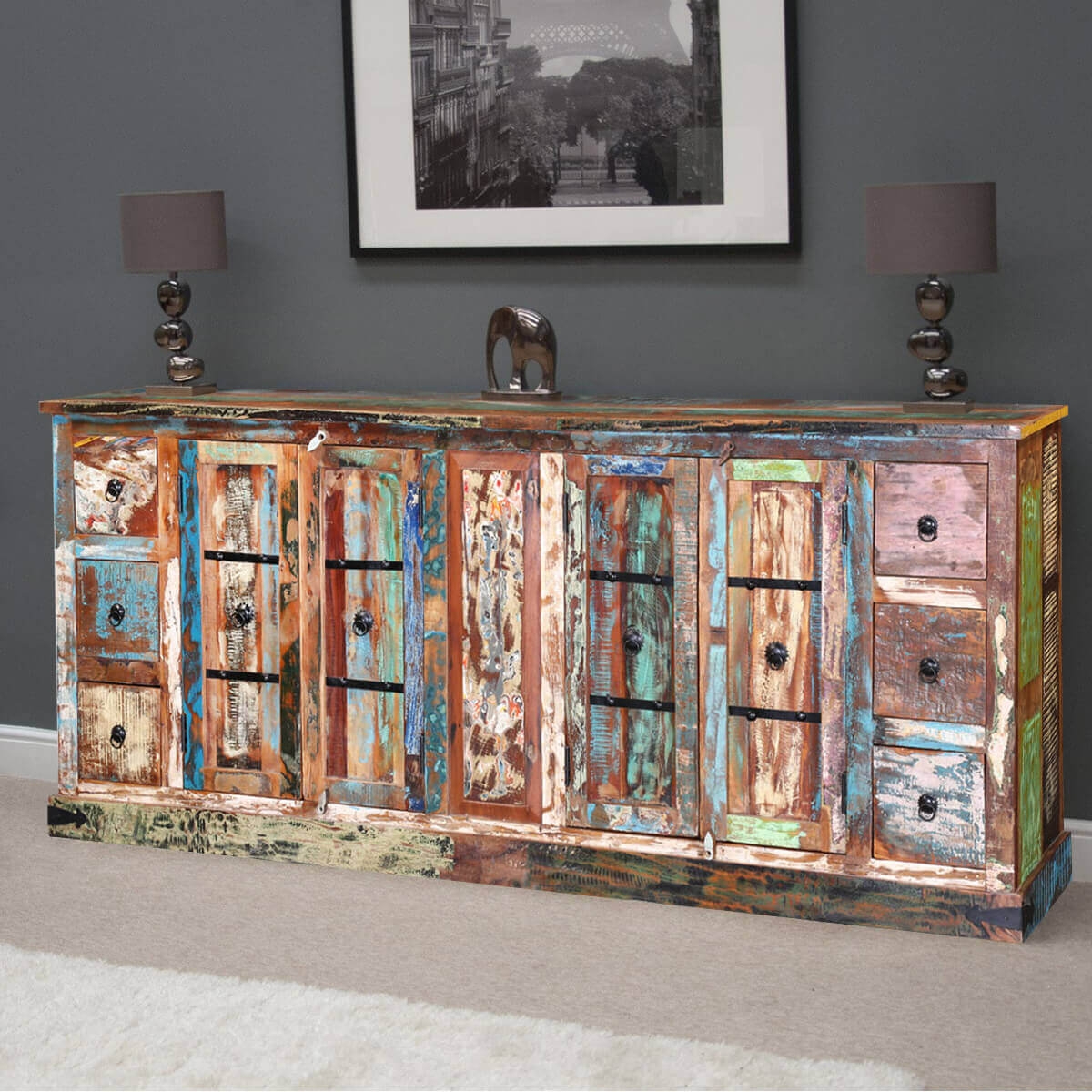Sideboard Cabinet with Rainbow Wood and Multi Color Finish