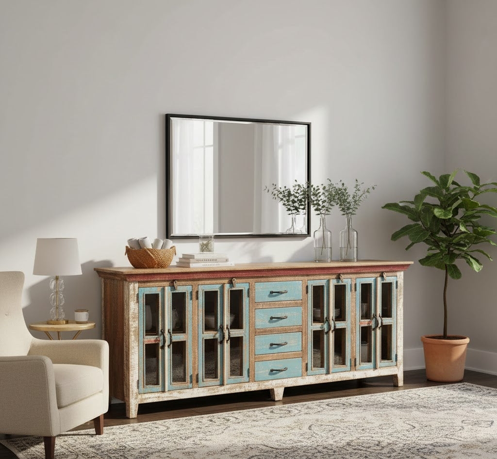 Sideboard featuring Distressed Turquoise and Glass Curio Doors