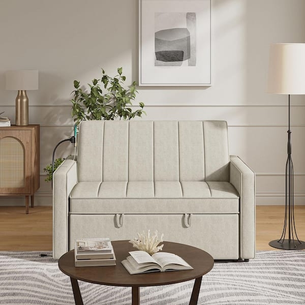 Sleeper Sofa Pull Out Straps Oatmeal Compact Design