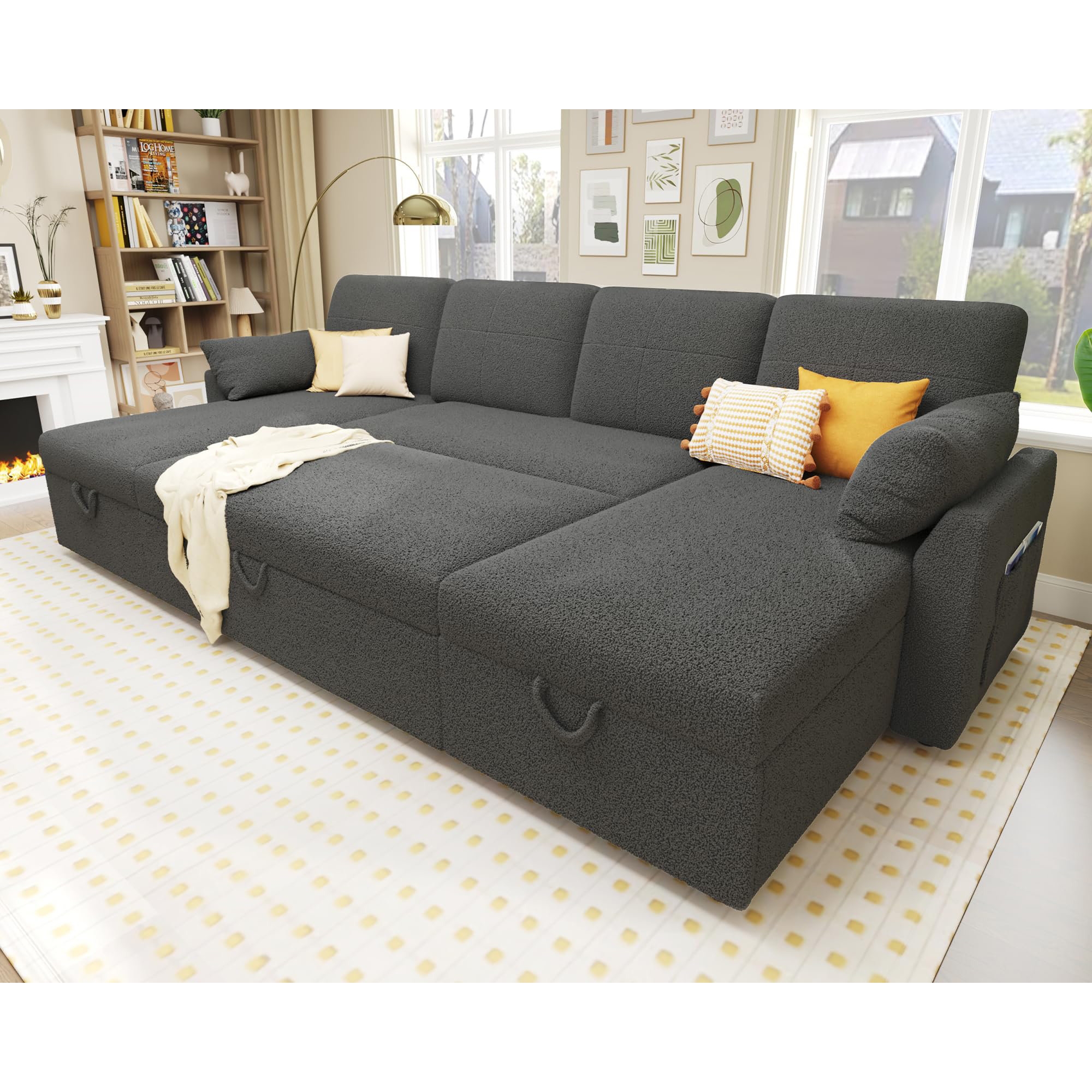 Sleeper Sofa with Gray Boucle Texture 110 Inch Oversized