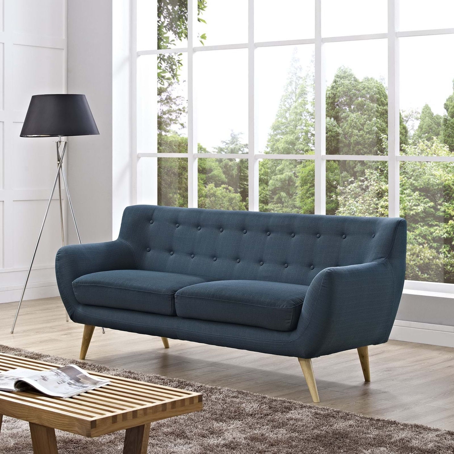 Sofa: Azure Blue Fabric with Tapered Legs and Button Back