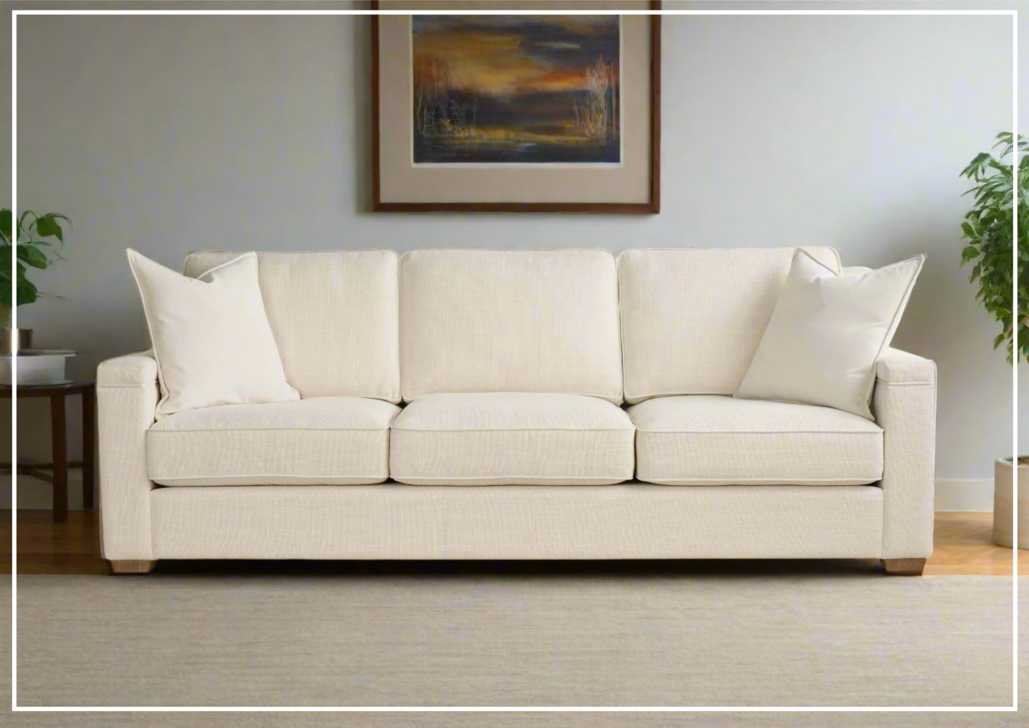 Sofa Boxed Cushions Track Arms Warm White Fabric Seating