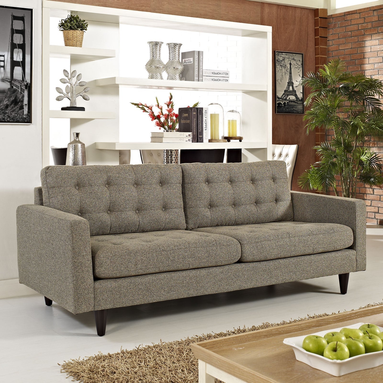 Sofa Button Tufted Oatmeal Marled Fabric Tapered Legs