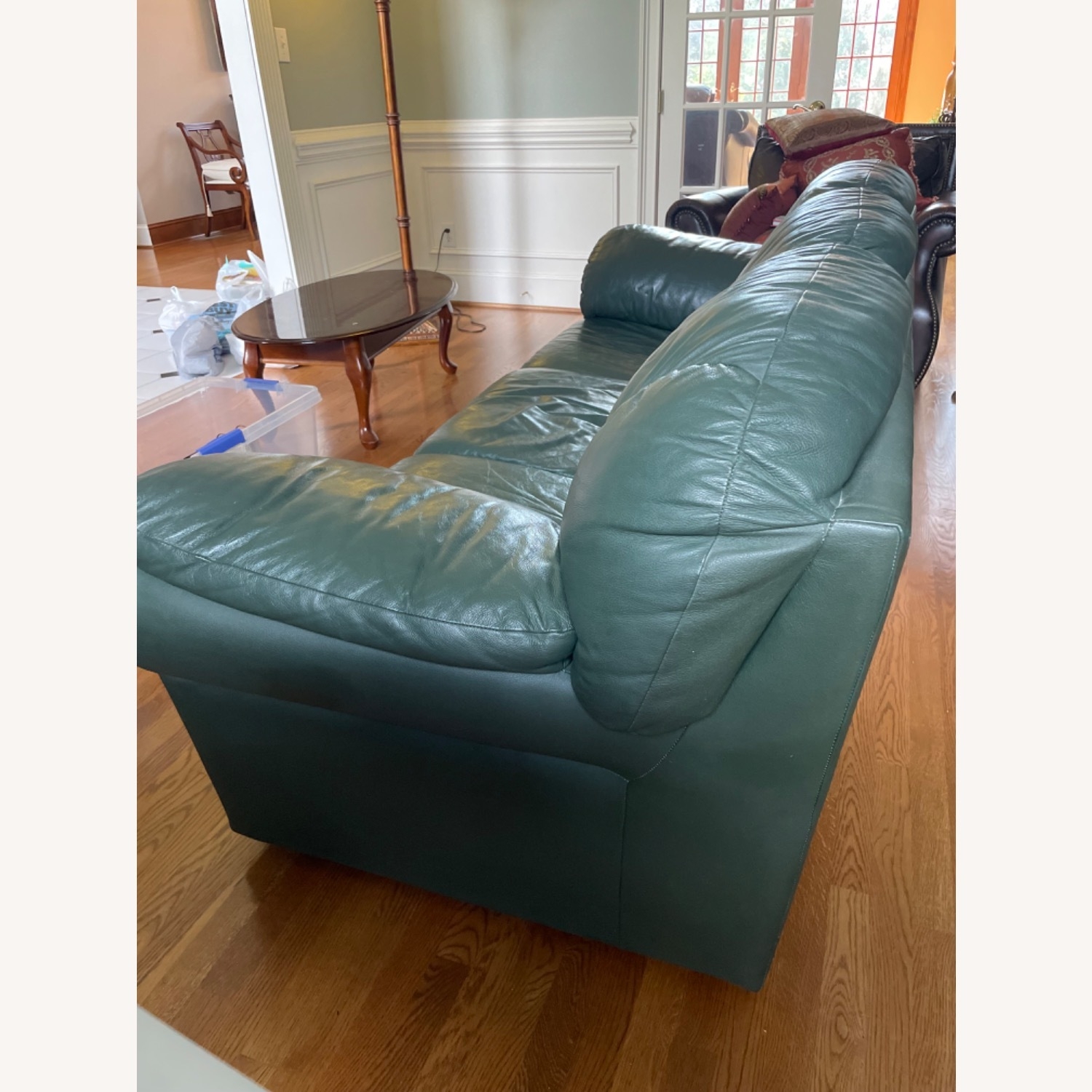 Sofa Emerald Green Overstuffed Rounded Arms Heavy Profile