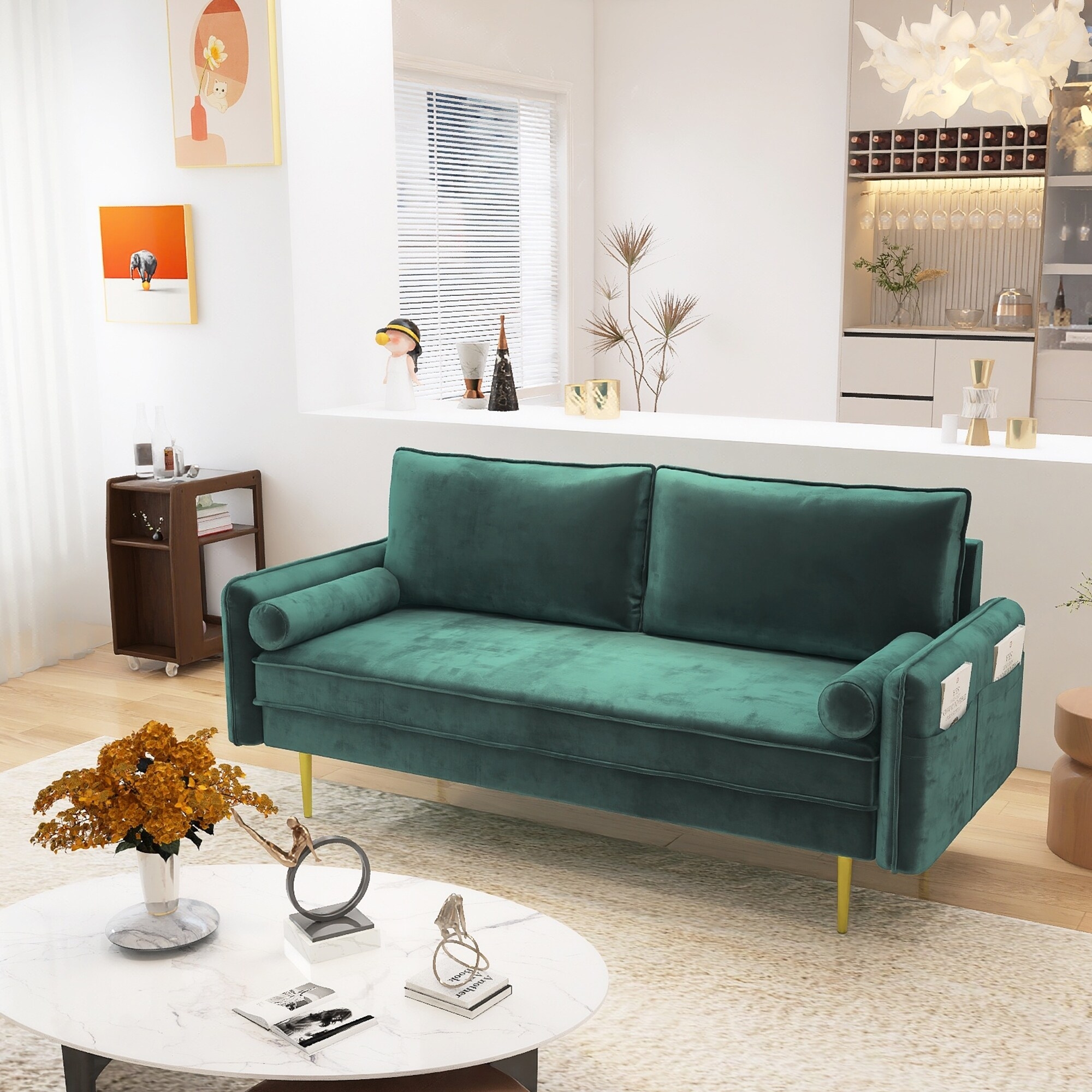 Sofa: Emerald Velvet Retro Couch with Side Storage Pockets