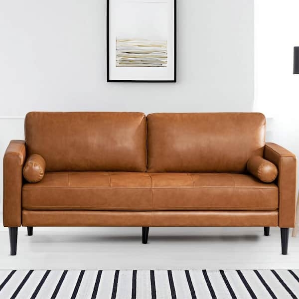 Sofa Featuring Cylindrical Bolster Pillows in Tan Leather