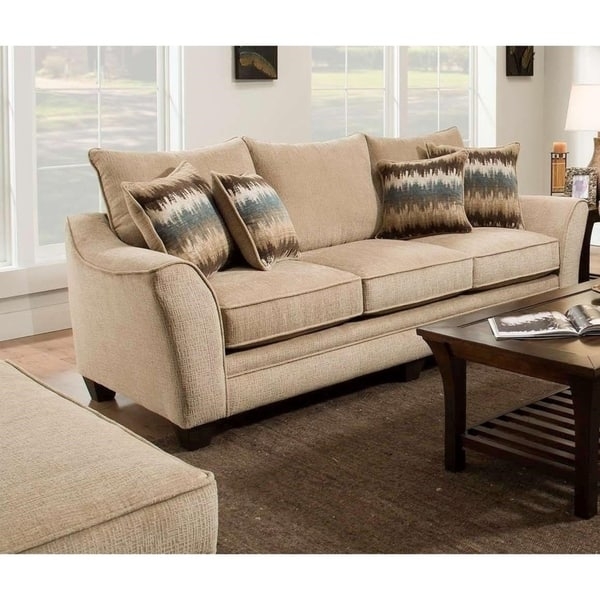 Sofa Flared Arms Ikat Pattern Pillows Textured Seating