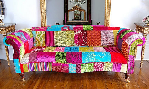 Sofa in Vibrant Multicolor Patchwork with Rolled Tuxedo Arms