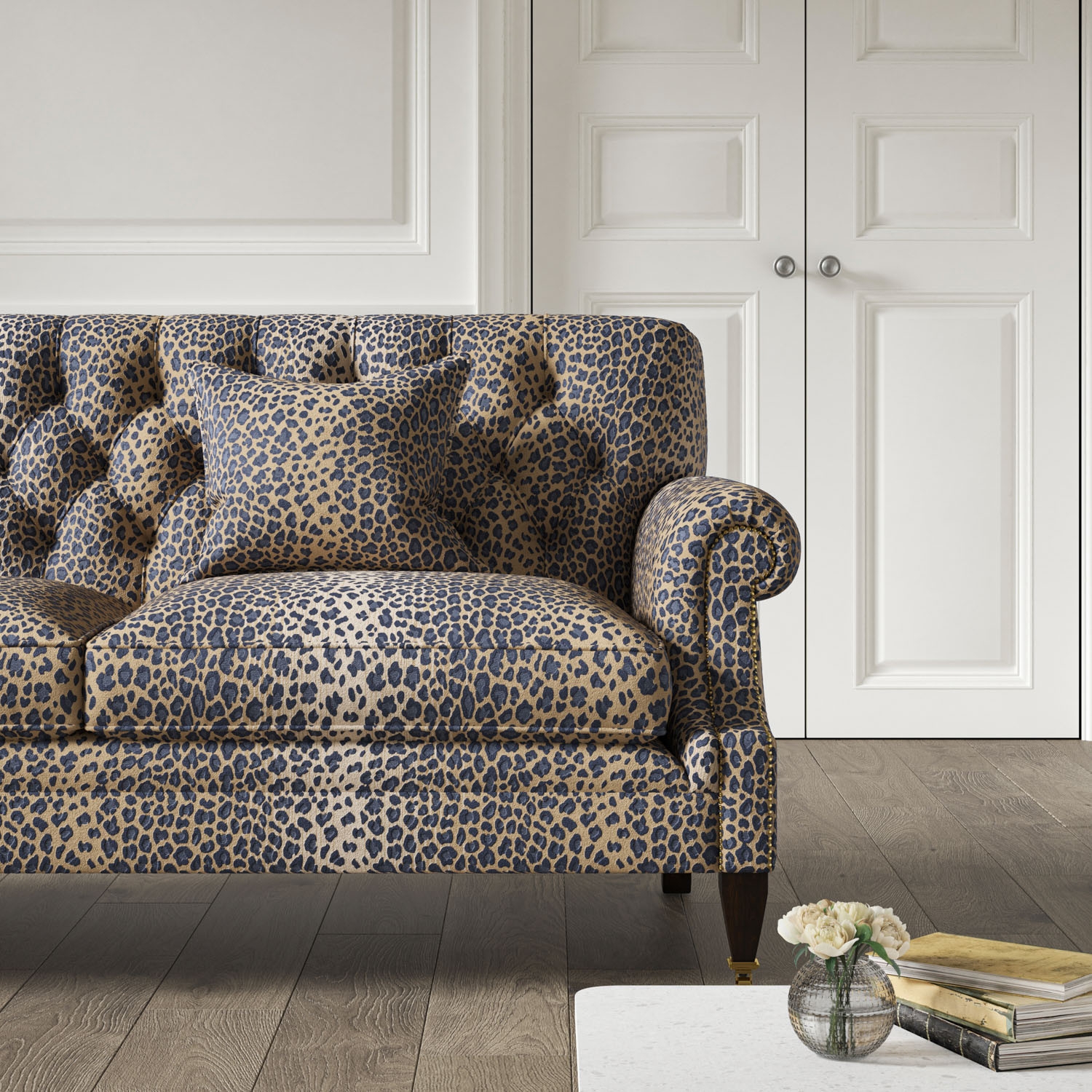 Sofa Indigo Animal Print Tufted Back Brass Casters