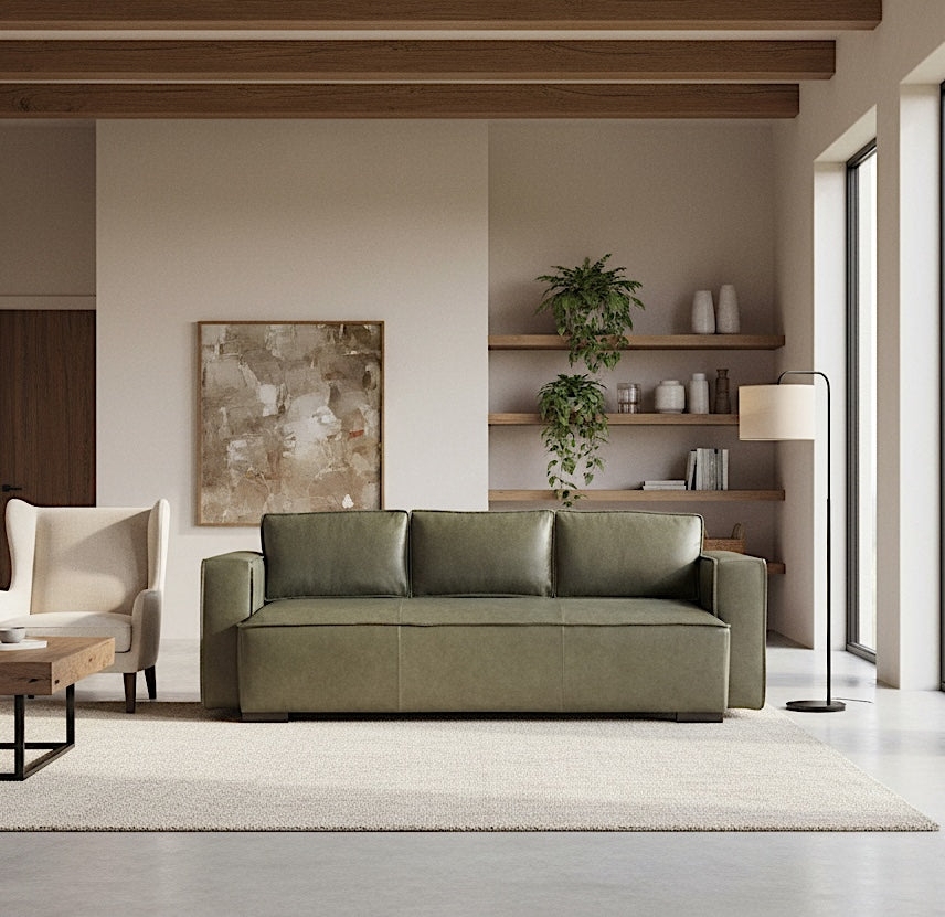 Sofa Modern Western Sage Green Boxy Silhouette Leather Couch