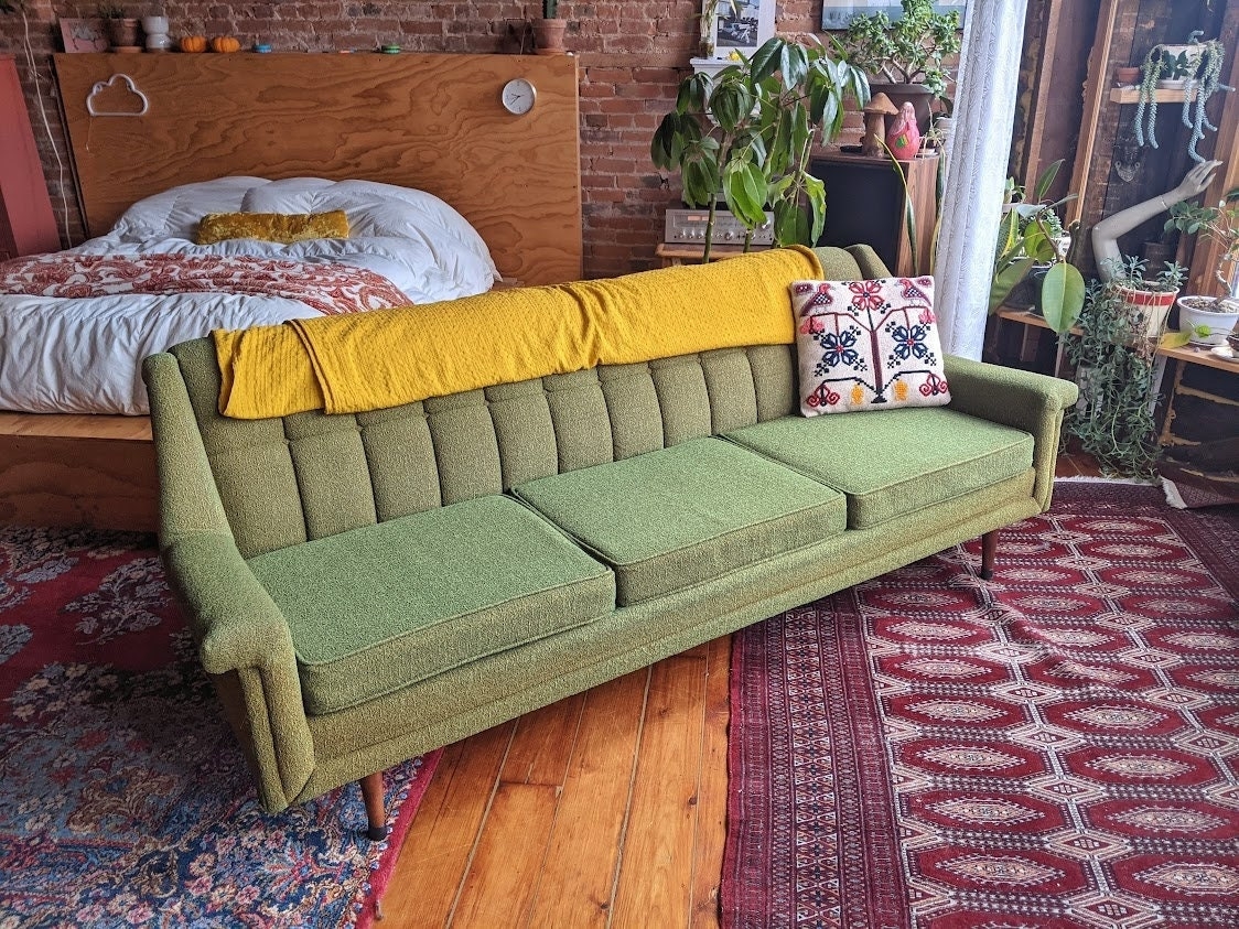 Sofa: Moss Green Fabric Mid-Century Couch with Channel Back