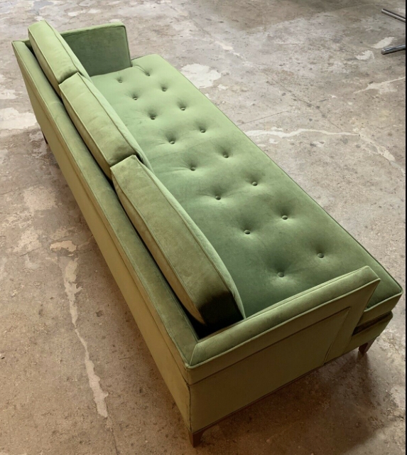 Sofa: Moss Green Velvet Bench with Button Tufted Seat