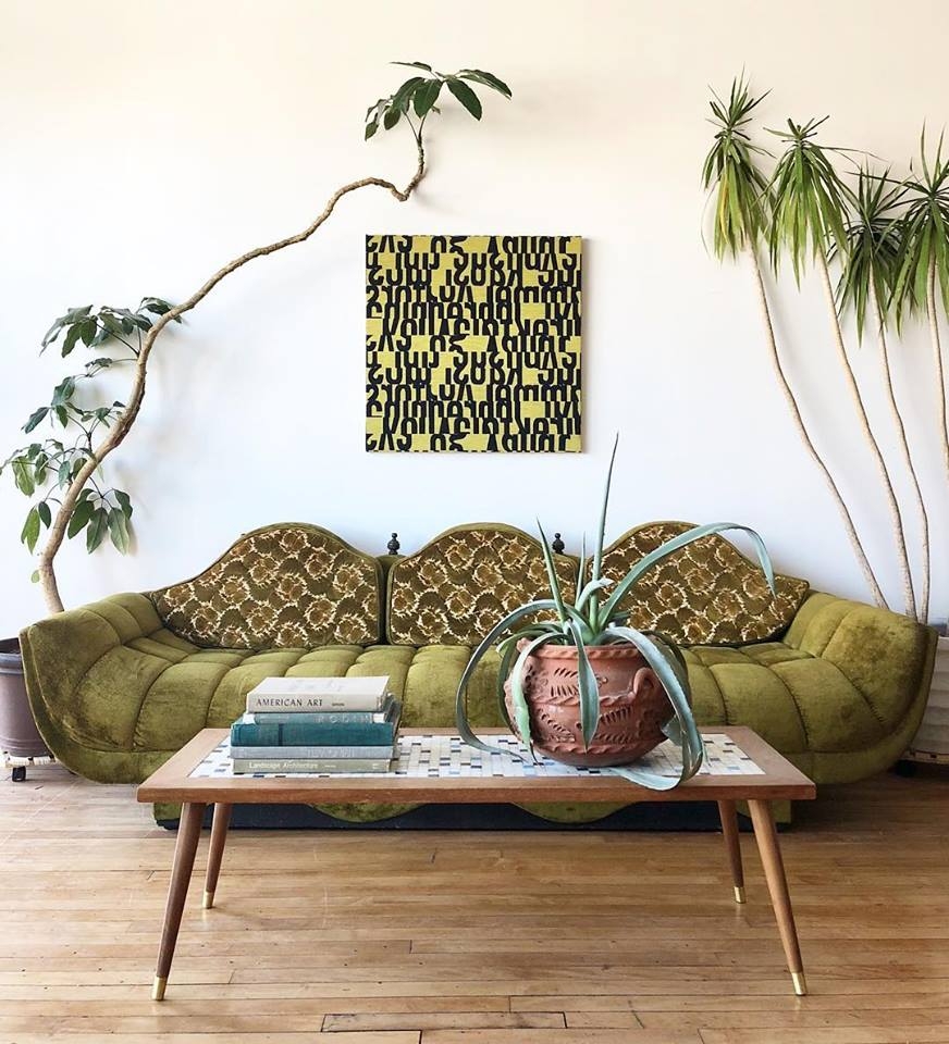 Sofa: Olive Green Upholstery with Triple-Lobed Backrest