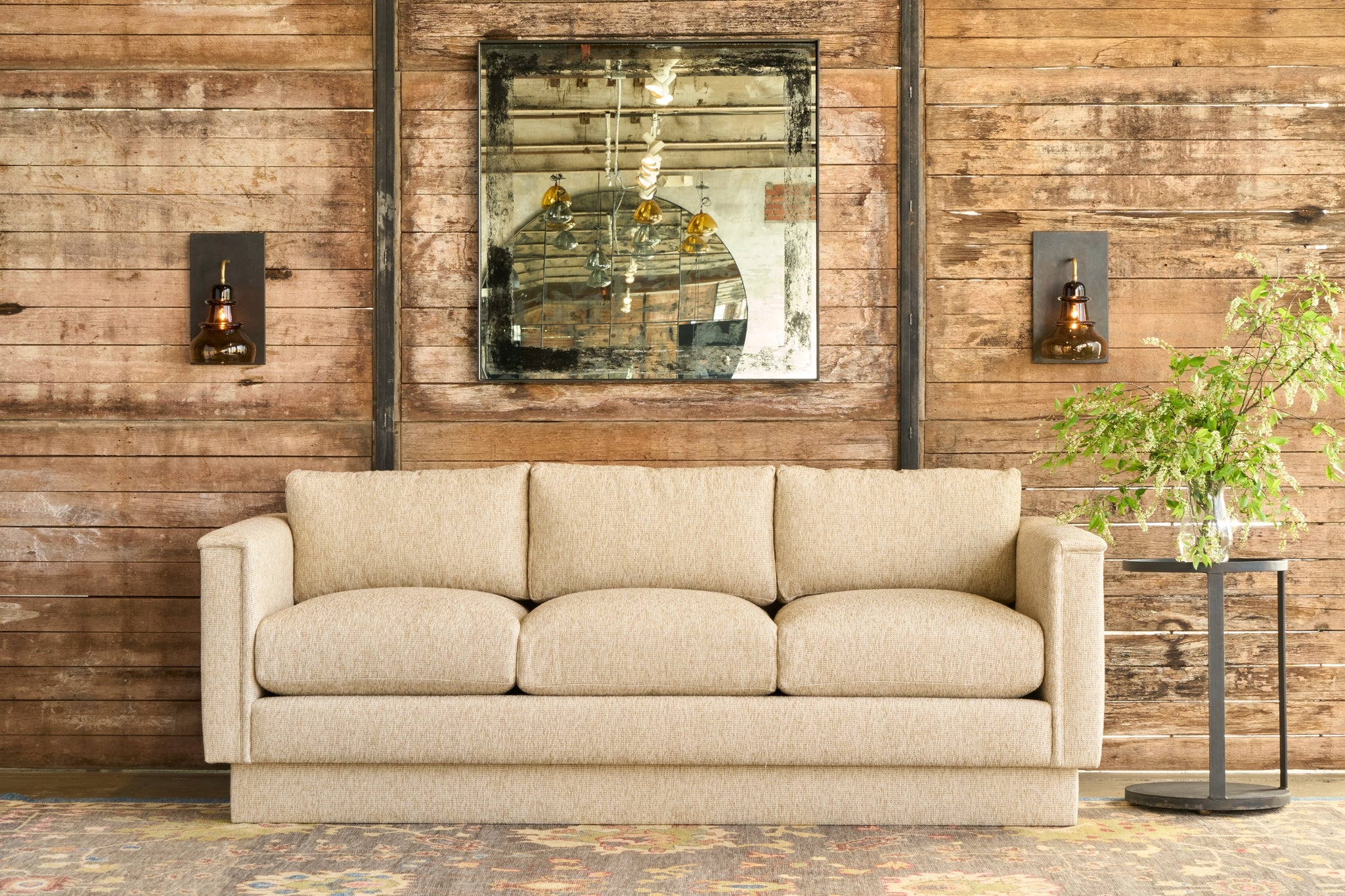 Sofa Recessed Base Textured Warm Beige Track Arm Seating