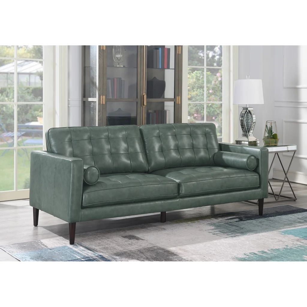 Sofa Sage Green Cylindrical Bolsters All Over Tufted Leather