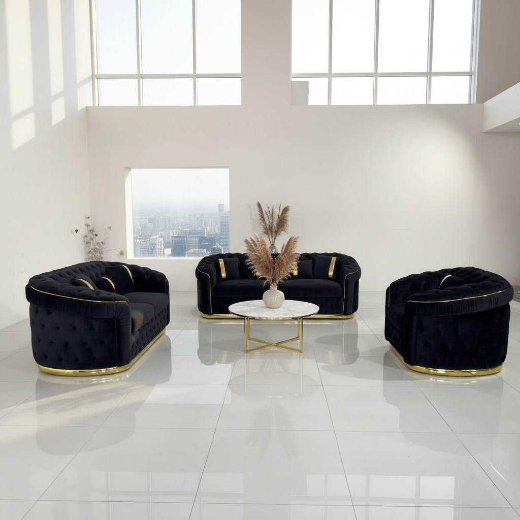 Sofa Set Button Tufted Exterior Modern Black and Gold Seating