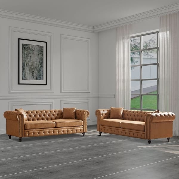 Sofa Set: Camel Chesterfield Seating with Button Tufting