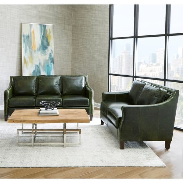 Sofa Set Distressed Green Nailhead Trim Live Edge Wood Table