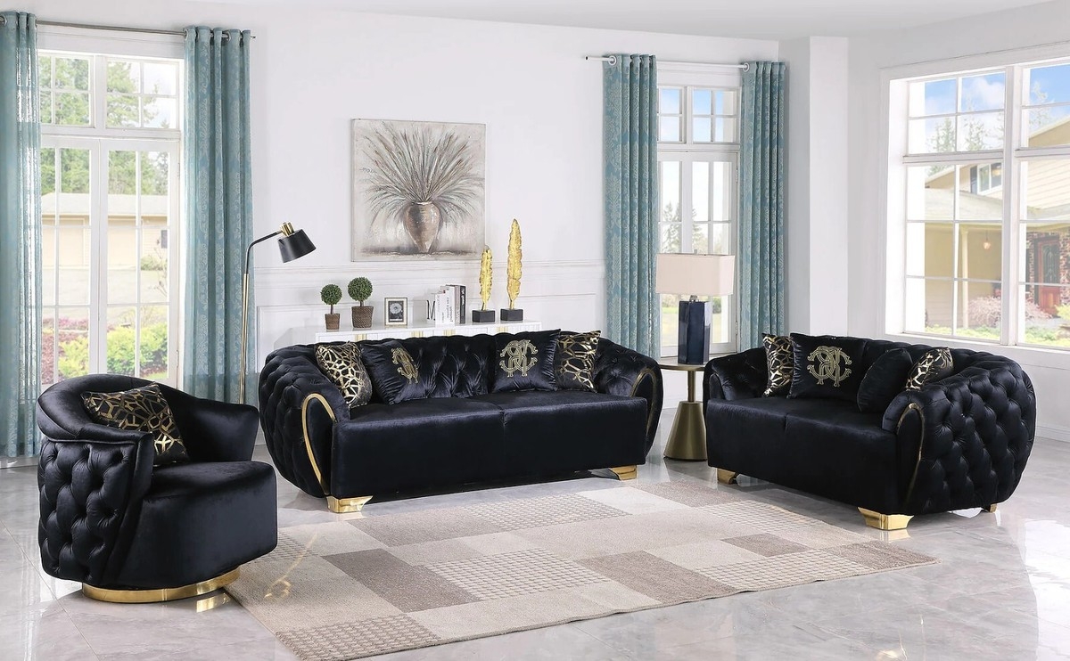 Sofa Set Gold C-Arm Trim Diamond Tufted Black Velvet Sofa Set