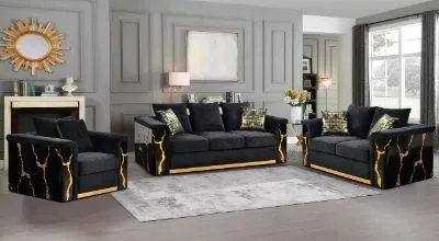 Sofa Set Marble Pattern Arms Black Chenille Sofa Set