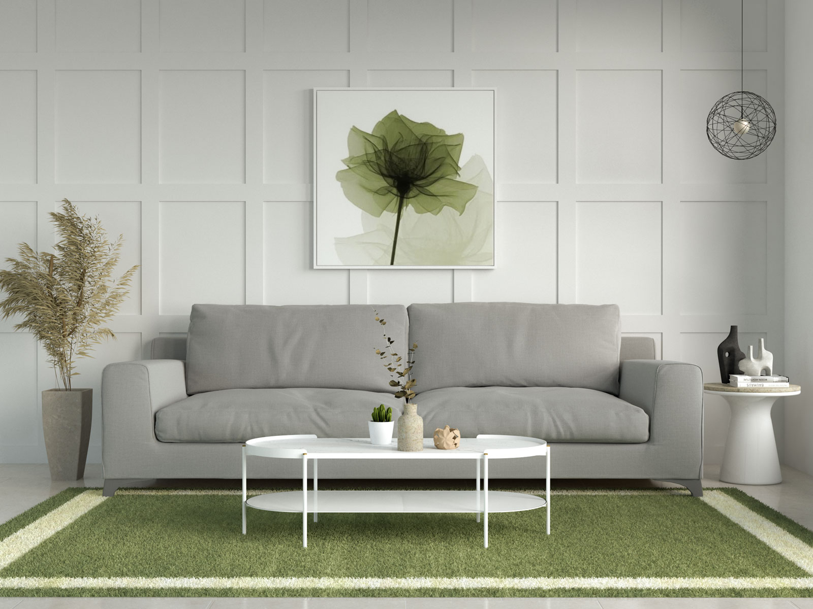 Sofa Set: Olive Green Area Rug Grid Wall Paneling Decor