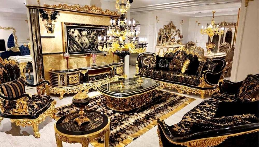Sofa Set Palatial Gilded Carvings Baroque Black Gold Sofa