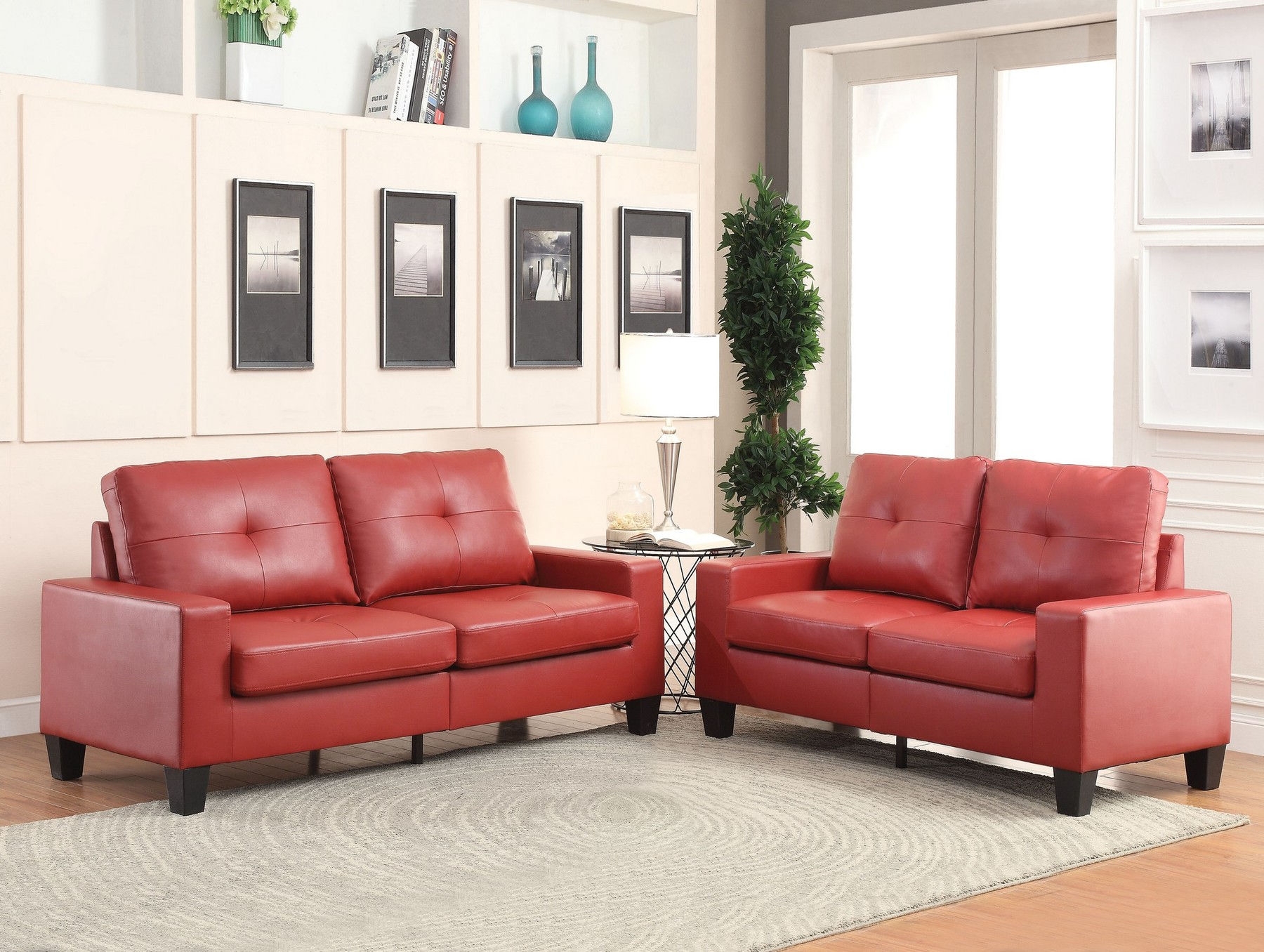 Sofa Set with Button Tufted Back and Bold Red Upholstery