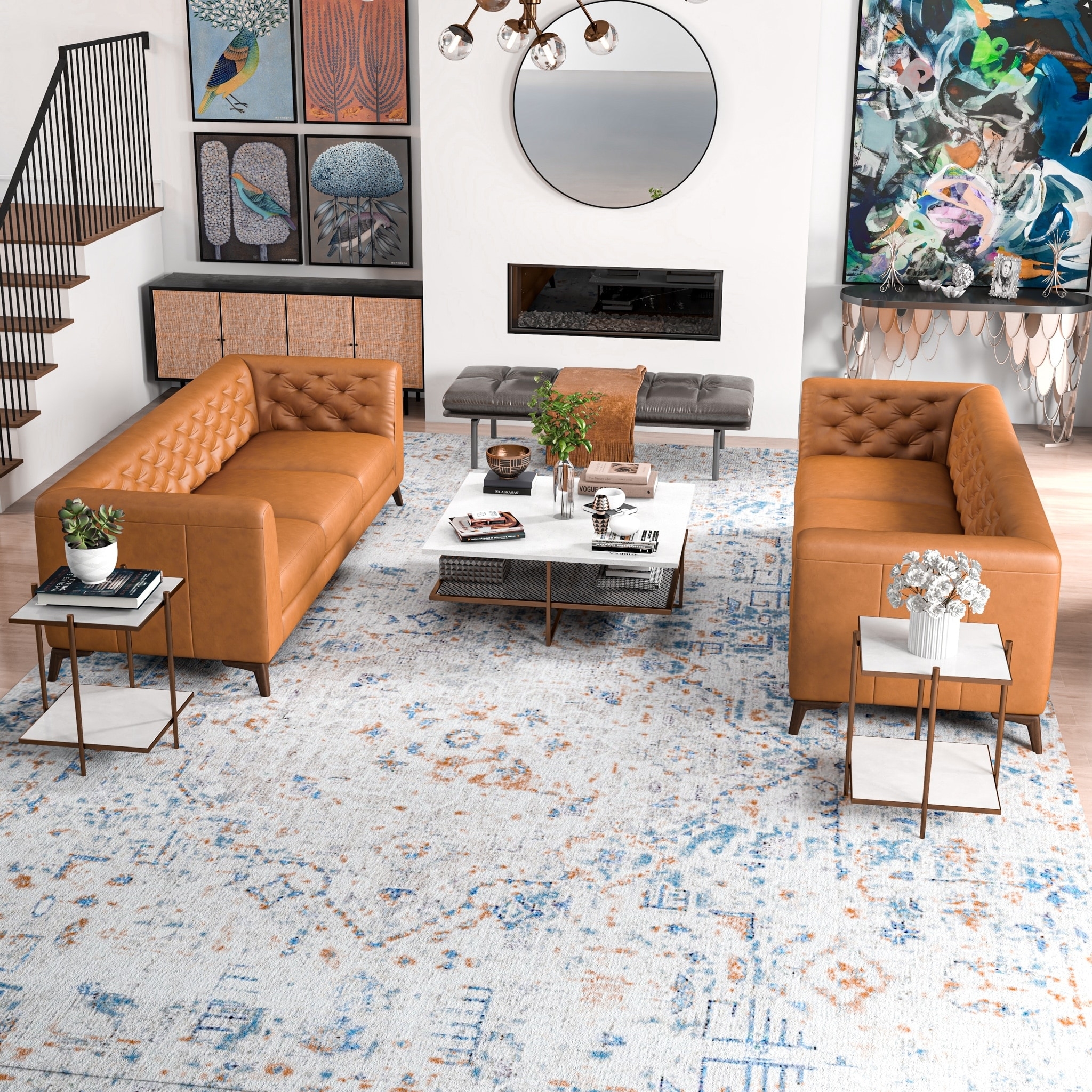 Sofa Set with Diamond Button Tufting in Cognac Tan