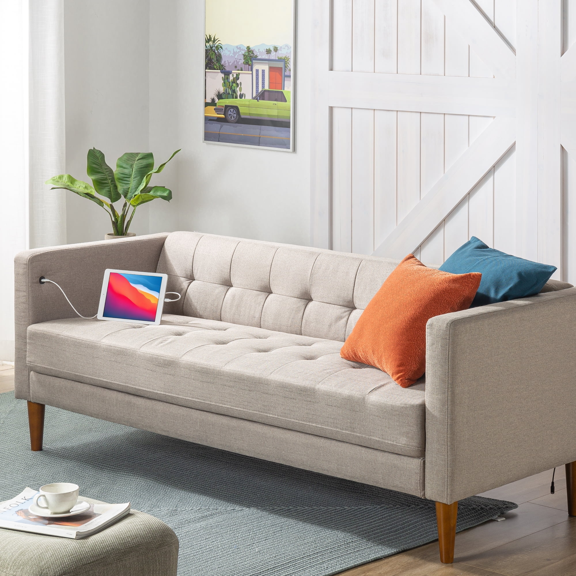 Sofa USB Charging Ports Tufted Back Tapered Wood Legs