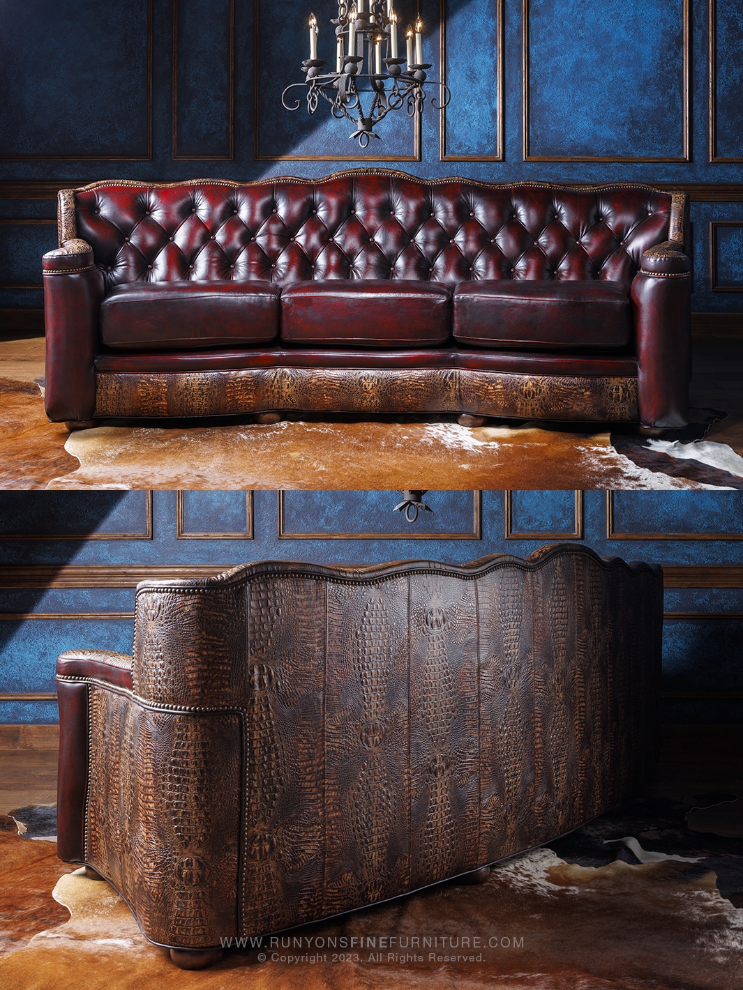 Sofa with Alligator Embossed Panels for a Western Red Sofa