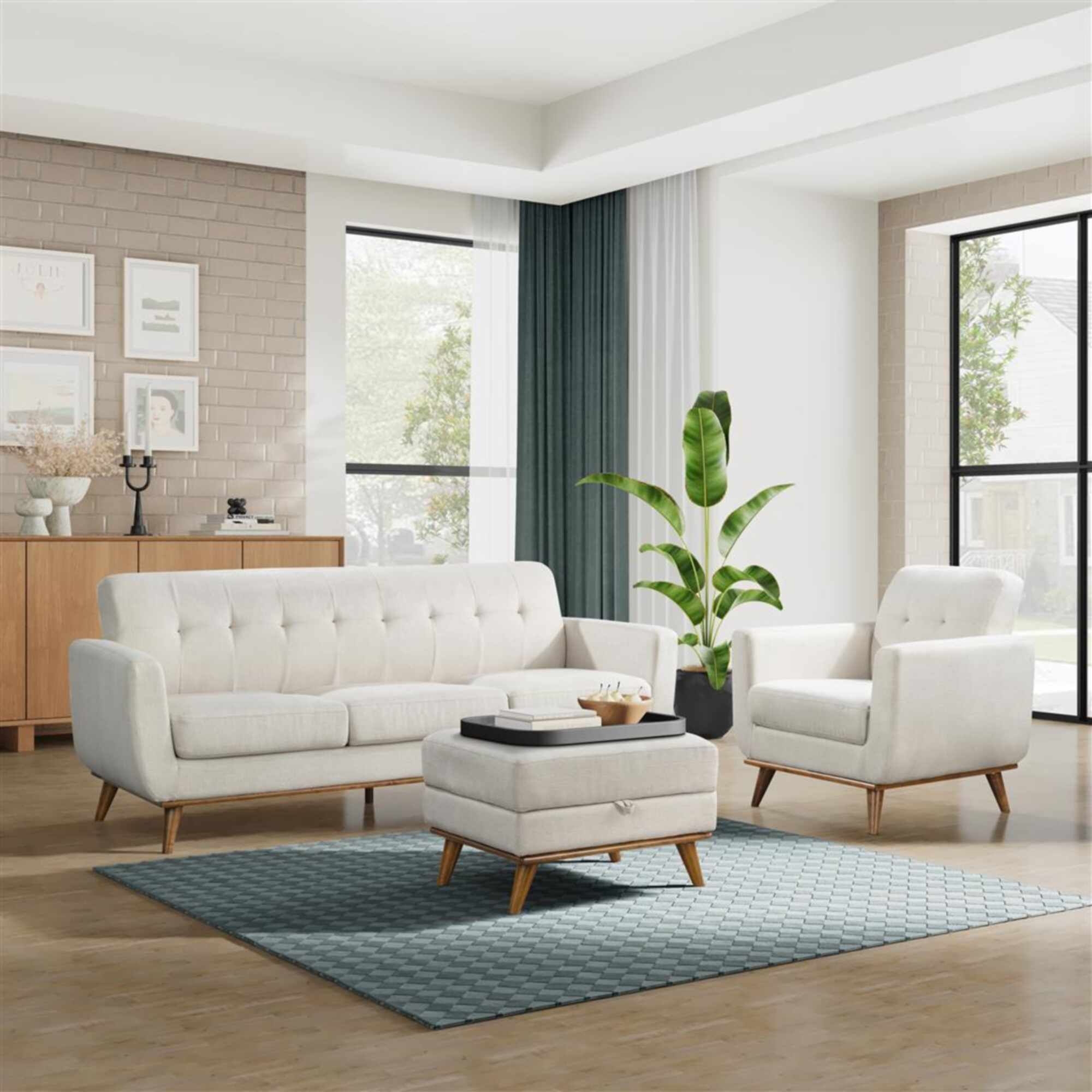 Sofa with Angled Wooden Legs and Tufted Backrest Design