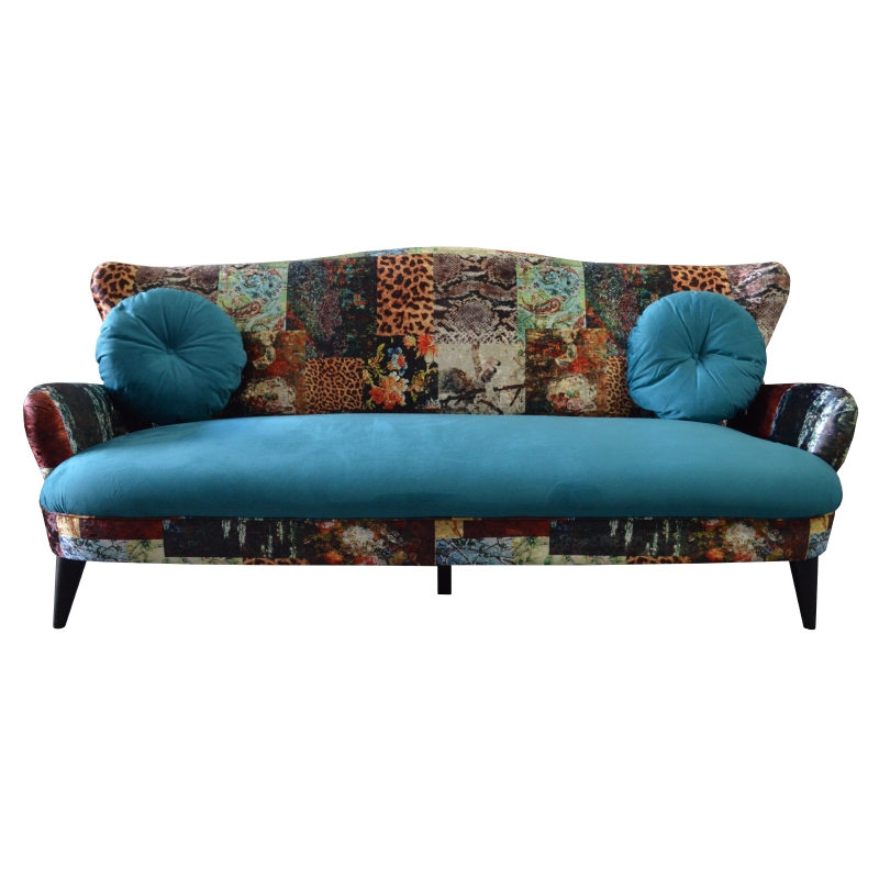 Sofa with Teal Velvet Seat and Animal Print Patchwork